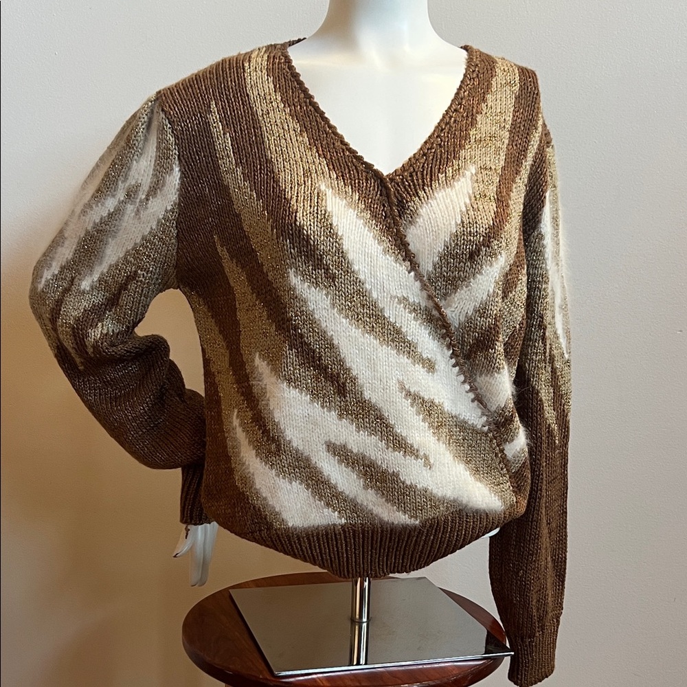Vintage poof sleeve with metallic accents Brown and Cream Women's Sweater